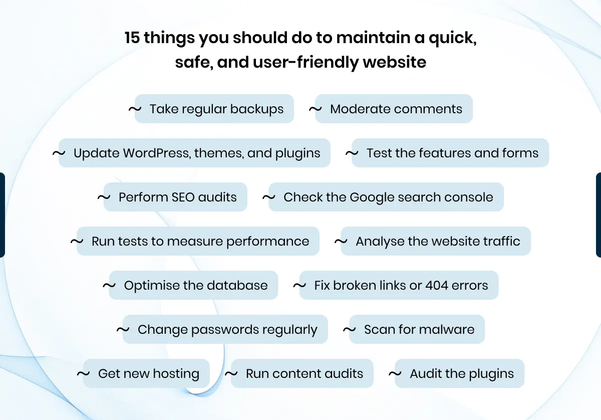Key tasks from the WordPress Website Maintenance Checklist for a fast, secure, and user-friendly site.